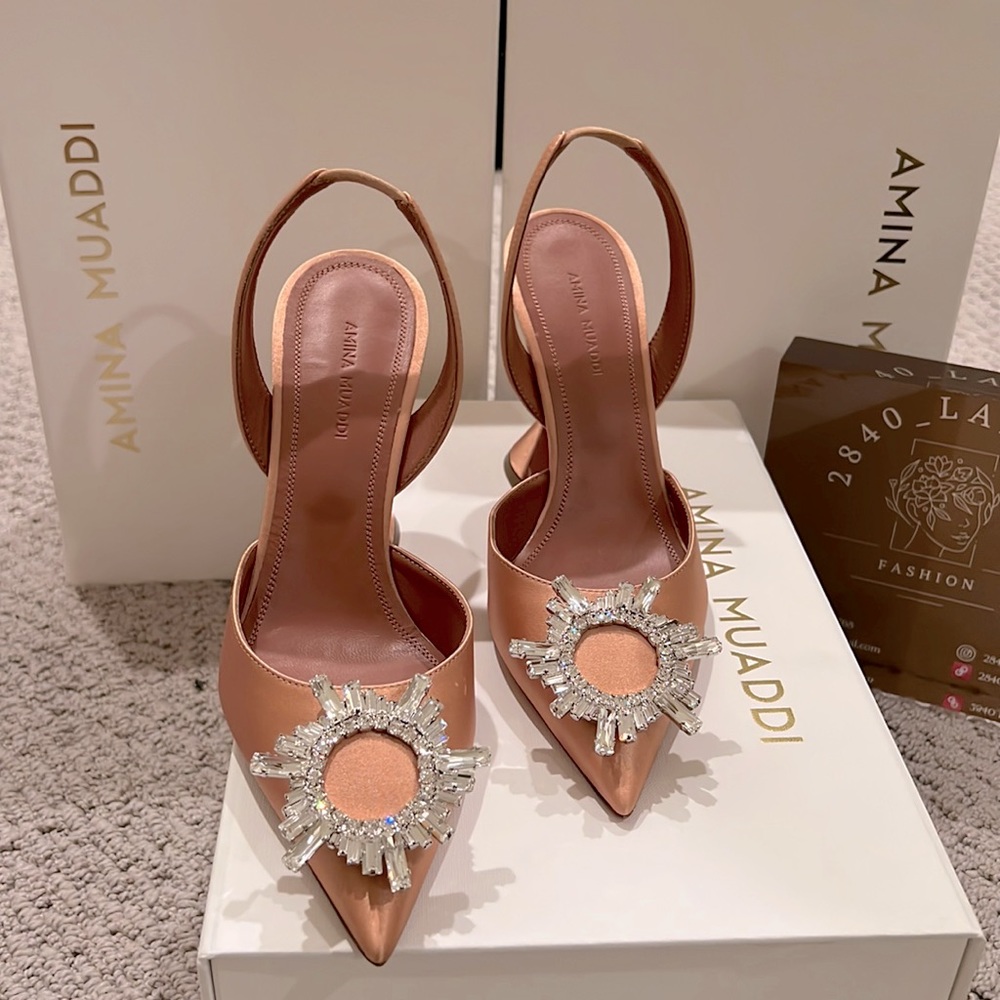 Amina Muaddi Begum slingback in chestnut satin.